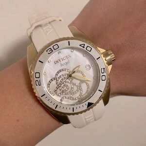 Invicta Women’s 0488 Angel Gold-Tone Watch with White Silicone Band
